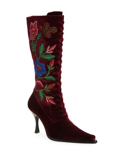 Jeffrey Campbell Red Joyeux Floral Lace-Up Knee High Boot