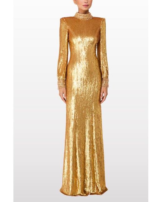 Jenny Packham Metallic Opium Sequin-Embellished High-Neck Gown