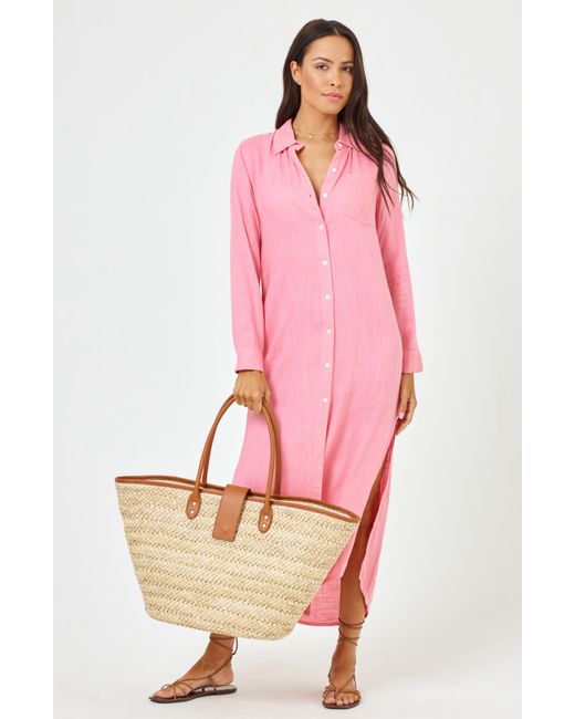L*Space Pink Presley Long Sleeve Cover-up Shirtdress
