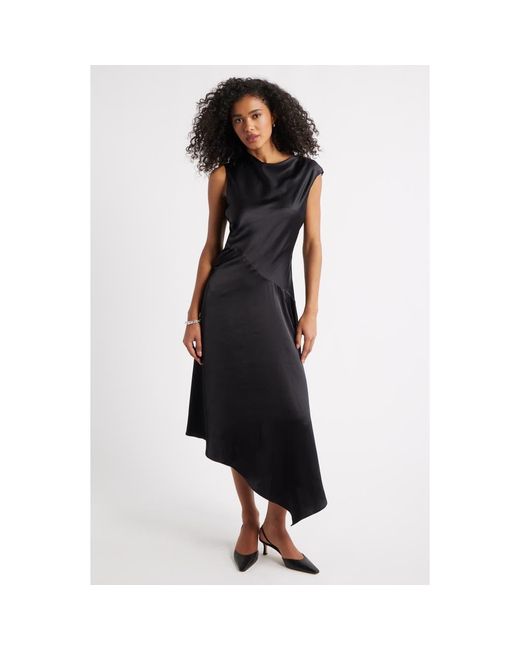 Open Edit Black Cowl Neck Asymmetric Satin Midi Dress