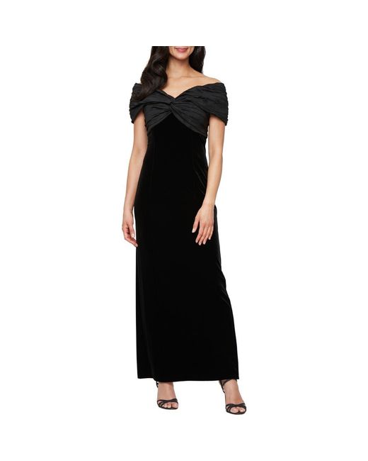 Alex Evenings Black Off The Shoulder Taffeta & Velvet Sheath Gown