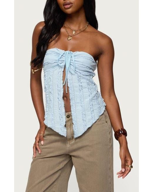 Edikted Blue Textured Ruffle Split Front Strapless Top