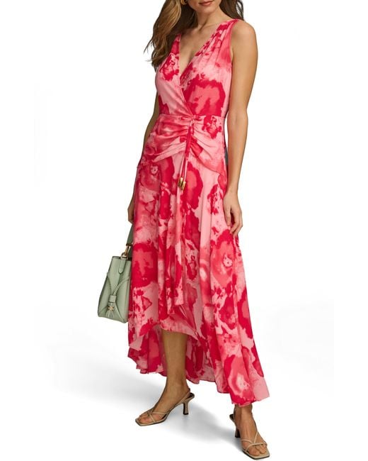 Donna Karan Red Floral Wrap Front Midi Dress