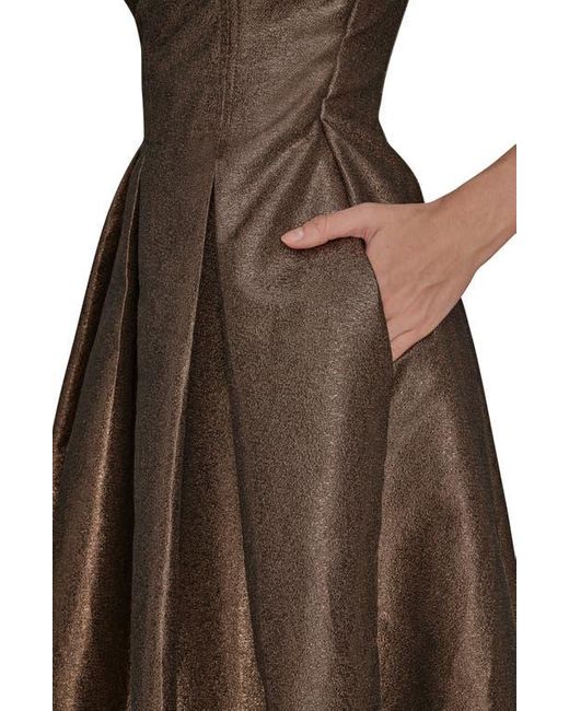 Donna Karan Brown Metallic Pleated Strapless Fit & Flare Cocktail Dress