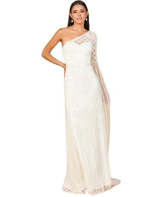 LARA New York White One Sleeve Beaded Gown