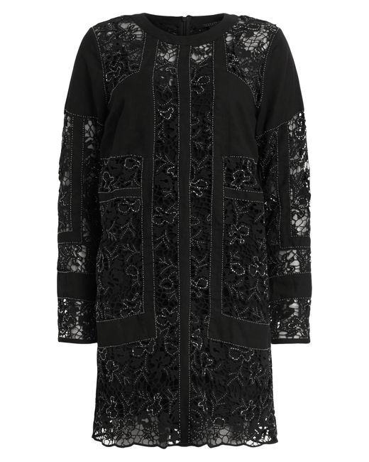 AllSaints Black Noush Beaded Lace Trim Long Sleeve Linen Blend Minidress