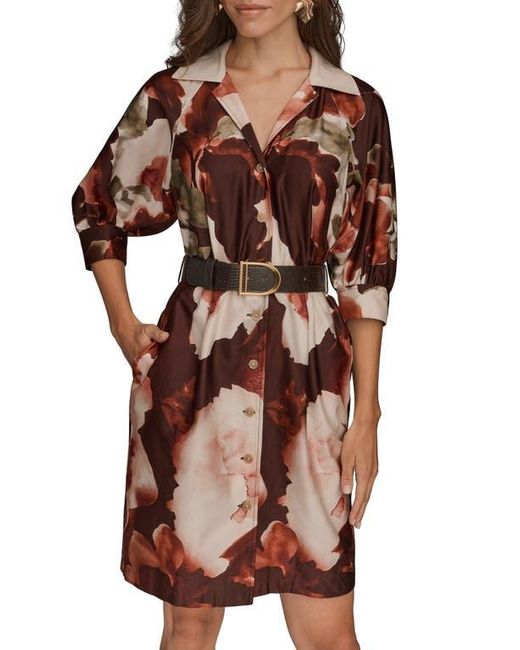 Donna Karan Brown Floral Print Belted Shirtdress