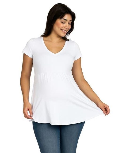 24seven Comfort Apparel White Maternity Short Sleeve Flared Tunic Top