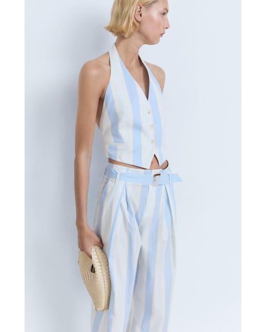 Mango Blue Belted Stripe Straight Leg Pants