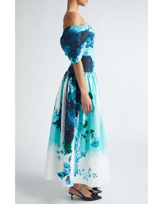 Erdem Blue Floral Print Off The Shoulder Faille Cocktail Dress