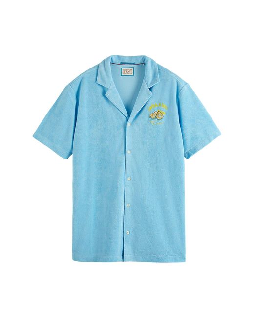 Scotch & Soda Blue Embroidered Terry Cloth Camp Shirt for men