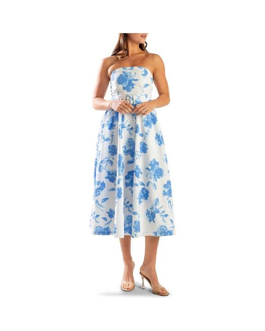 FREEMARKET Blue Floral Strapless Midi Dress