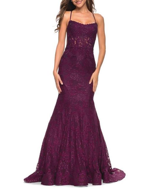 La Femme Purple Mermaid Lace Gown With Sheer Bodice And Open Back