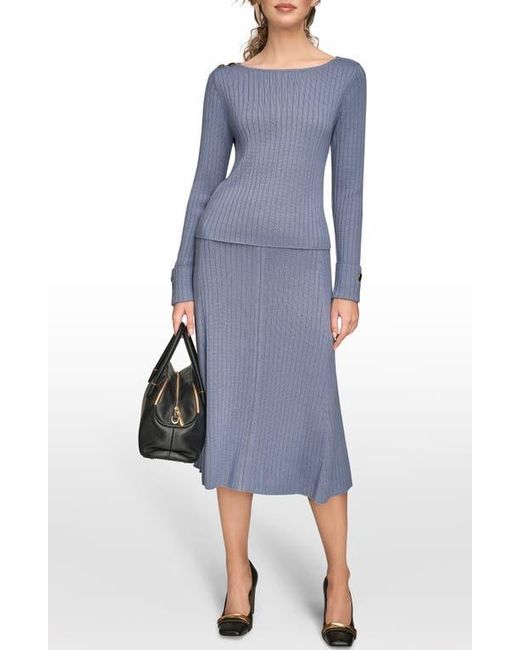 Donna Karan Blue Button Shoulder Boat Neck Rib Sweater