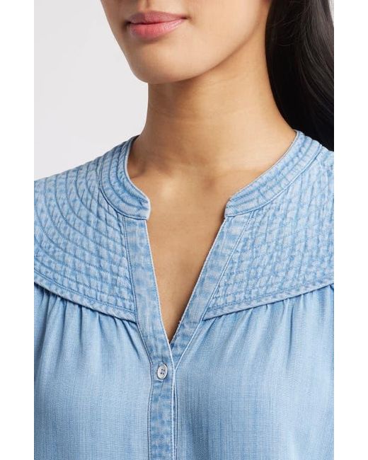 Wit & Wisdom Blue Split Neck Balloon Sleeve Top