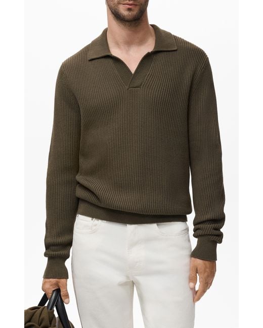Mango Green Structured Cotton Polo Sweater for men