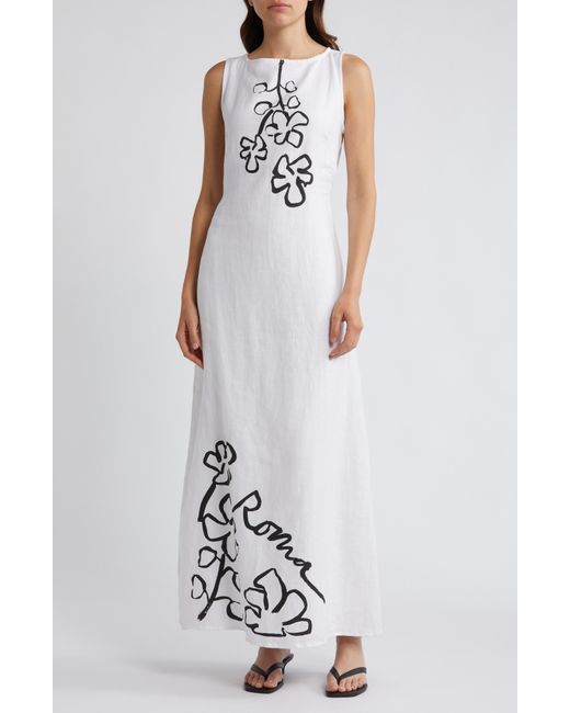 Faithfull The Brand White Nahana Floral Sketch Linen Dress