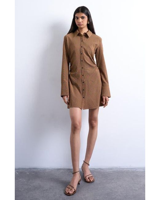 TOPSHOP Long Sleeve Ruched Shirtdress in Brown | Lyst