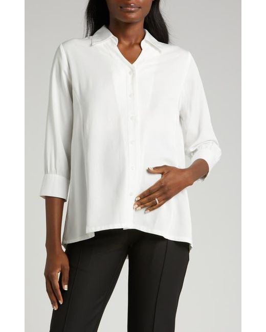 Marion White Three-Quarter Sleeve Twill Maternity Button-Up Top