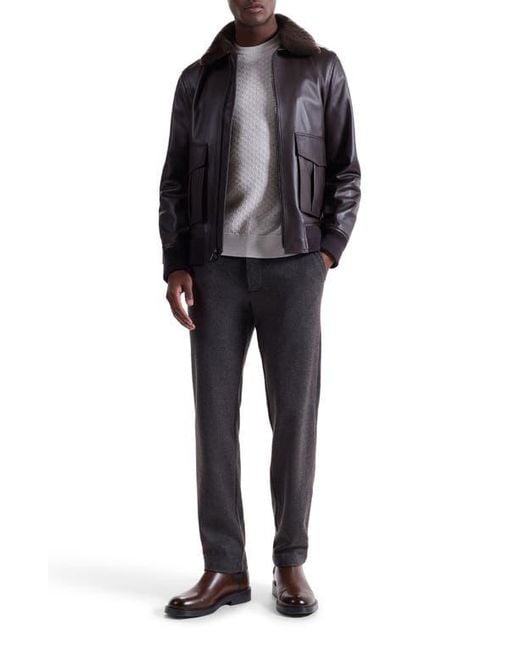 Bugatchi Black Leather Bomber Jacket With Removable Genuine Shearling Collar for men