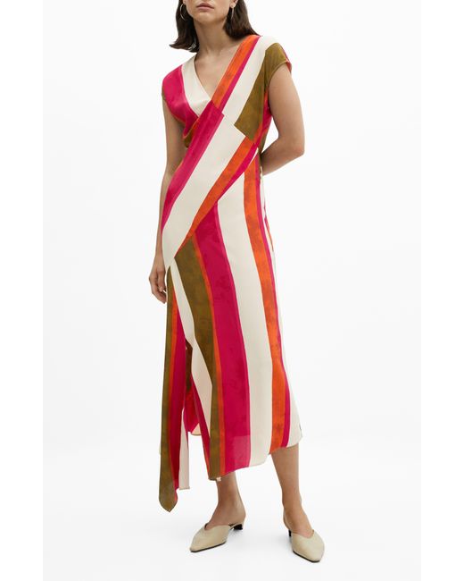 Mango Red Cherry Stripe Asymmetric Hem Midi Dress