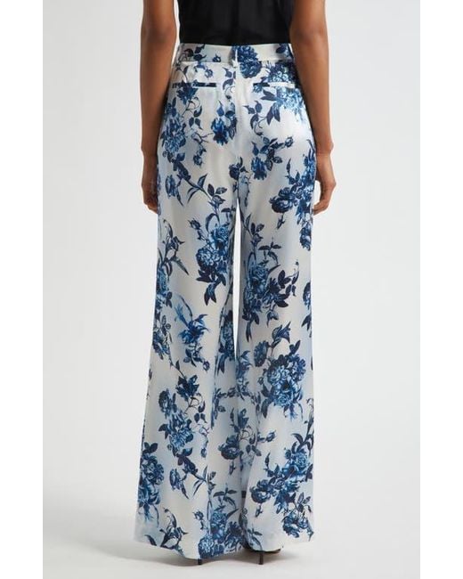 L'Agence Blue Pilar Rose Print Wide Leg Silk Pants