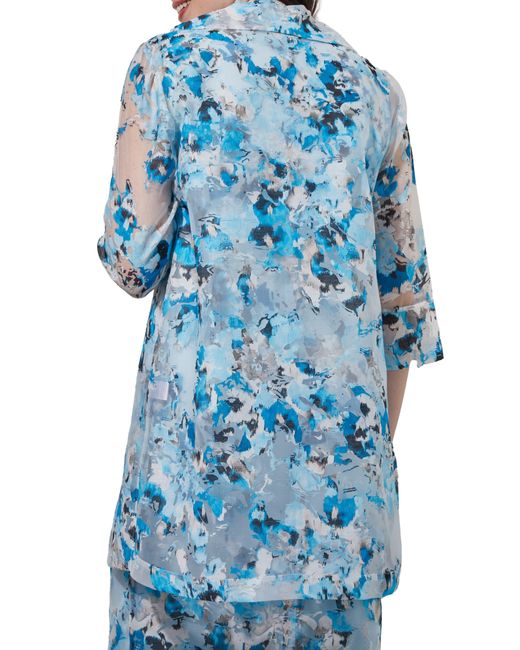 Ming Wang Blue Floral Sheer Open Front Elbow Sleeve Jacket