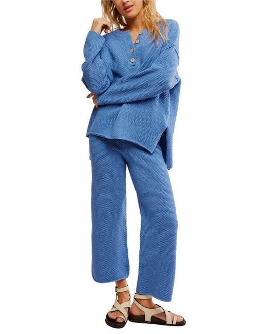 Free People Blue Free-Est Hailee Waffle Stitch Long Sleeve Top & Wide Leg Pants Knit Set