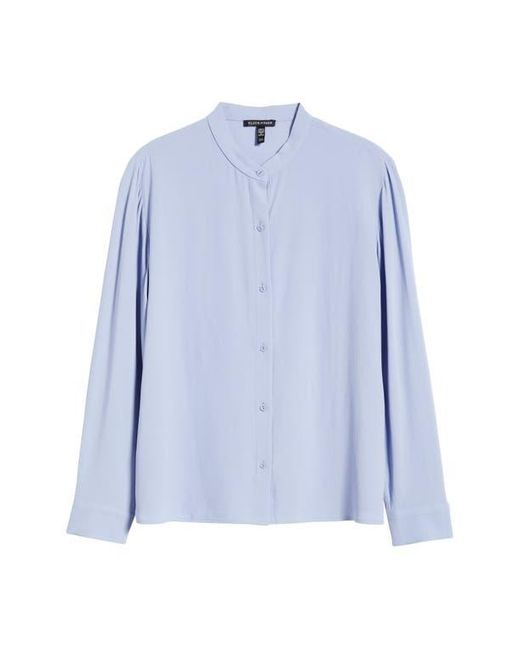 Eileen Fisher Blue Mandarin Collar Silk Button-Up Shirt