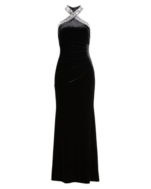 Eliza J Black Rhinestone Detail Velvet Sheath Gown
