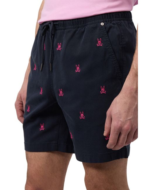 Psycho Bunny Blue Guilford Allover Embroidered Bunny Drawstring Shorts for men