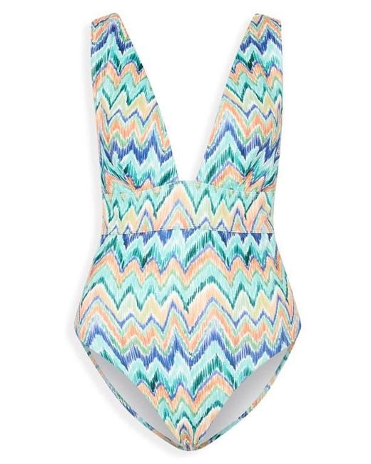 MILLY Blue Tropical Chevron Print One-Piece Swimsuit