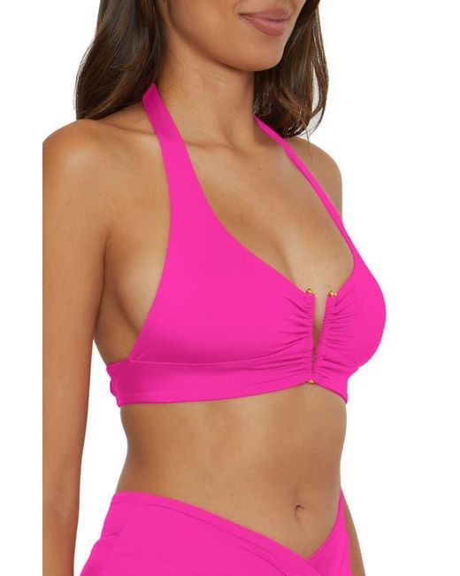 Becca Pink Shirred V-Wire Halter Bikini Top