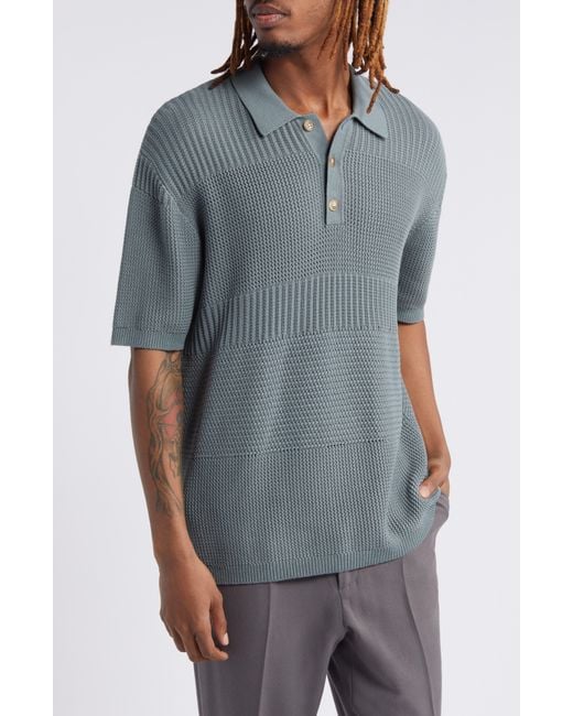 Topman Gray Textured Panel Cotton Polo Sweater for men