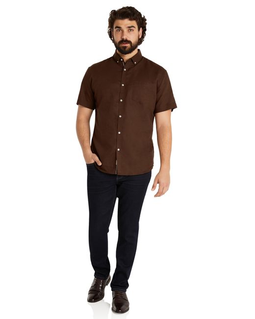 Johnny Bigg Brown Fresno Solid Linen & Cotton Short Sleeve Button-up Shirt for men