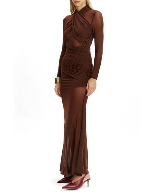 Bardot Brown Marice Wrap Long Sleeve Mesh Maxi Dress