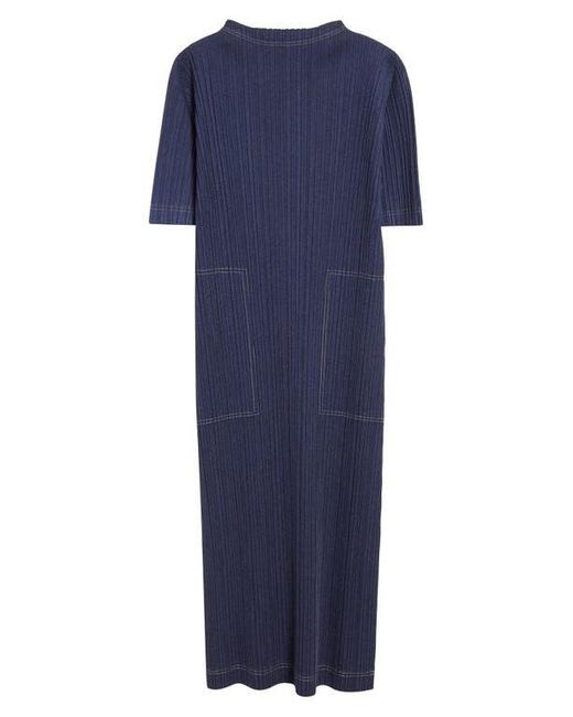 Pleats Please Issey Miyake Blue Trompe L'Oeil Pleated Midi Dress