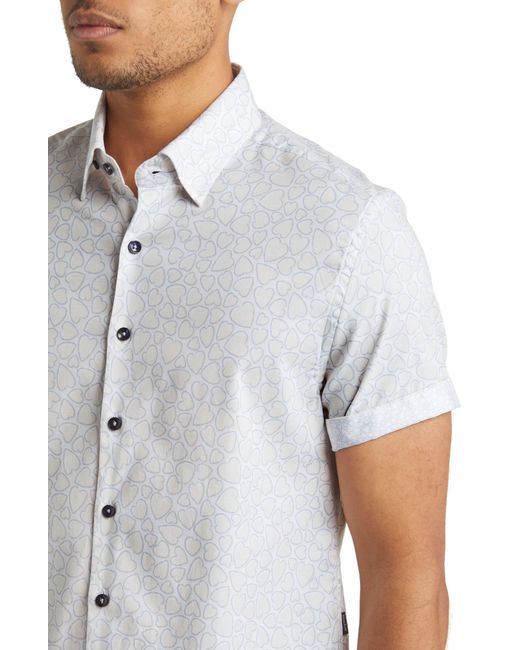 Stone Rose White Heart Print Short Sleeve Button-up Shirt for men