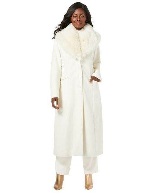 Jessica London White Long Wool-Blend Coat With Faux Fur Collar