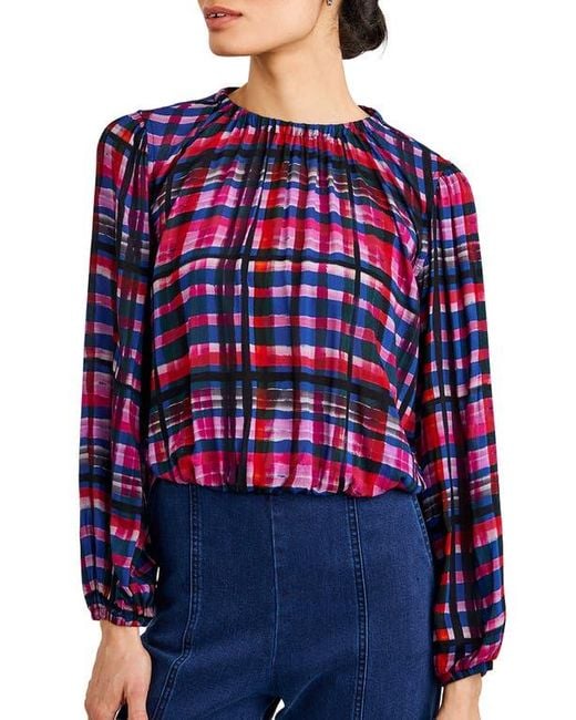 Bella Dahl Blue Plaid Shirred Bubble Top