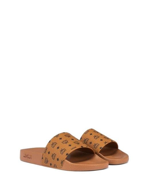 MCM Brown Monogram Print Rubber Slides for men