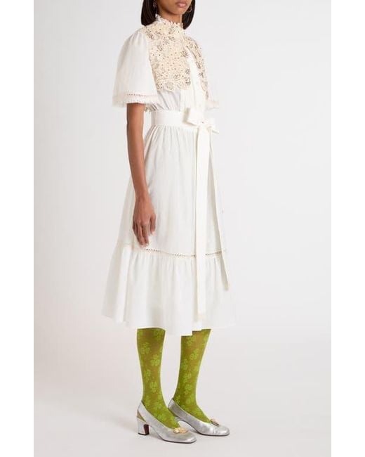 Valentino Garavani White Lace Embellished Cotton Muslin Midi Dress