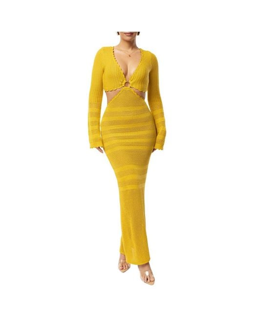 JLUXLABEL Women's Yellow Blossom Haven Open Stitch Long Sleeve Knit Maxi  Dress