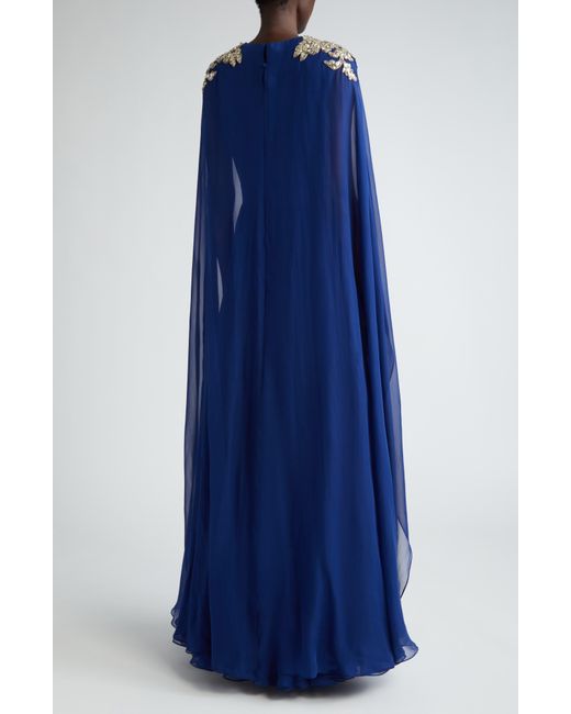 Alexander McQueen Blue Strapless Silk Chiffon Gown With Embellished Cape Overlay