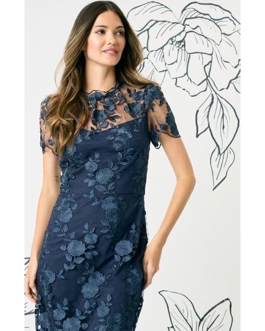 Maggy London Embroidered Floral Overlay Cocktail Dress in Blue | Lyst