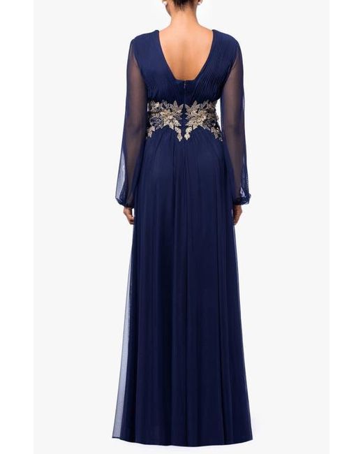 Betsy & Adam Blue Metallic Floral Appliqué Long Sleeve Gown
