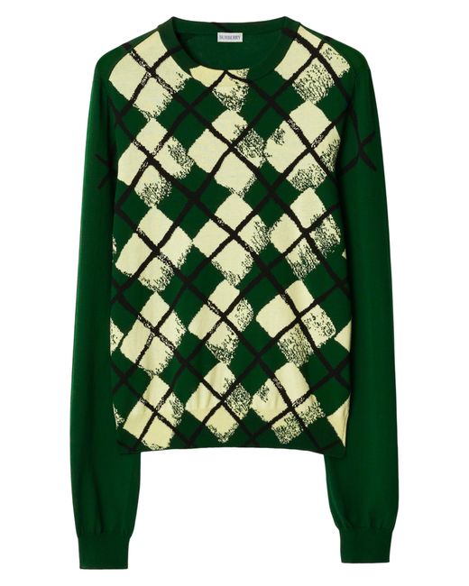 Burberry Green Argyle Cotton V-neck Sweater for men