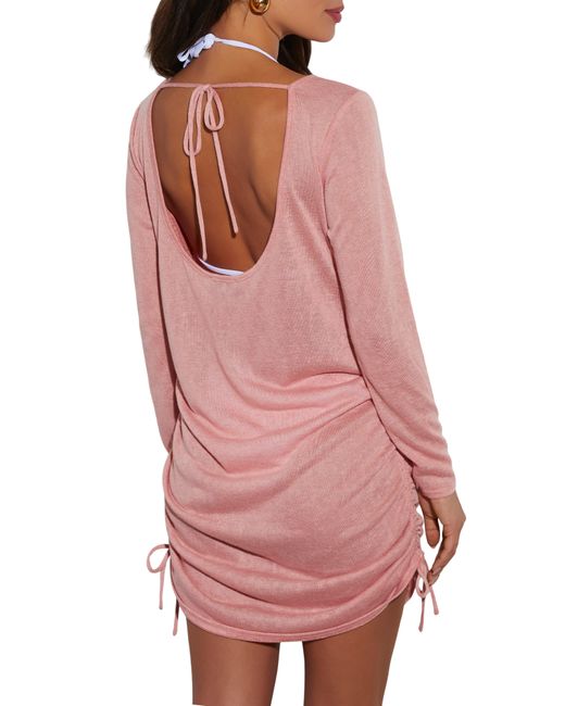 Vici Collection Pink Soliel Ruched Long Sleeve Cover-up Minidress