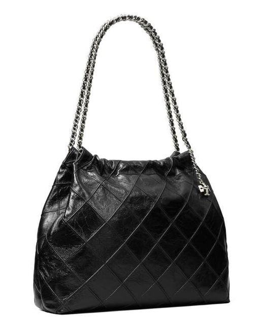 Tory Burch Black Fleming Distressed Quilted Leather Hobo Bag