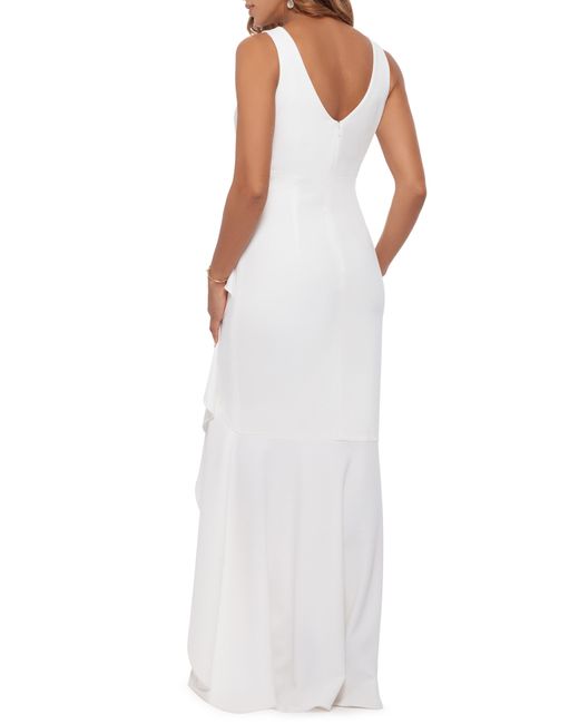 Betsy & Adam White V-neck Cascade Ruffle High-low Gown